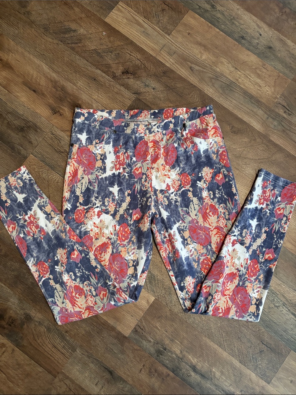 Floral Stretch Jeggings in Blue and Pink